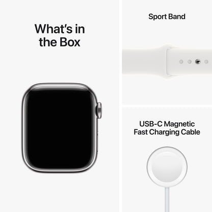 Apple Watch Series 8 (GPS + Cellular, 41mm) - Silver Stainless Steel Case with White Sport Band M/L MNV73LL/A - Image 6