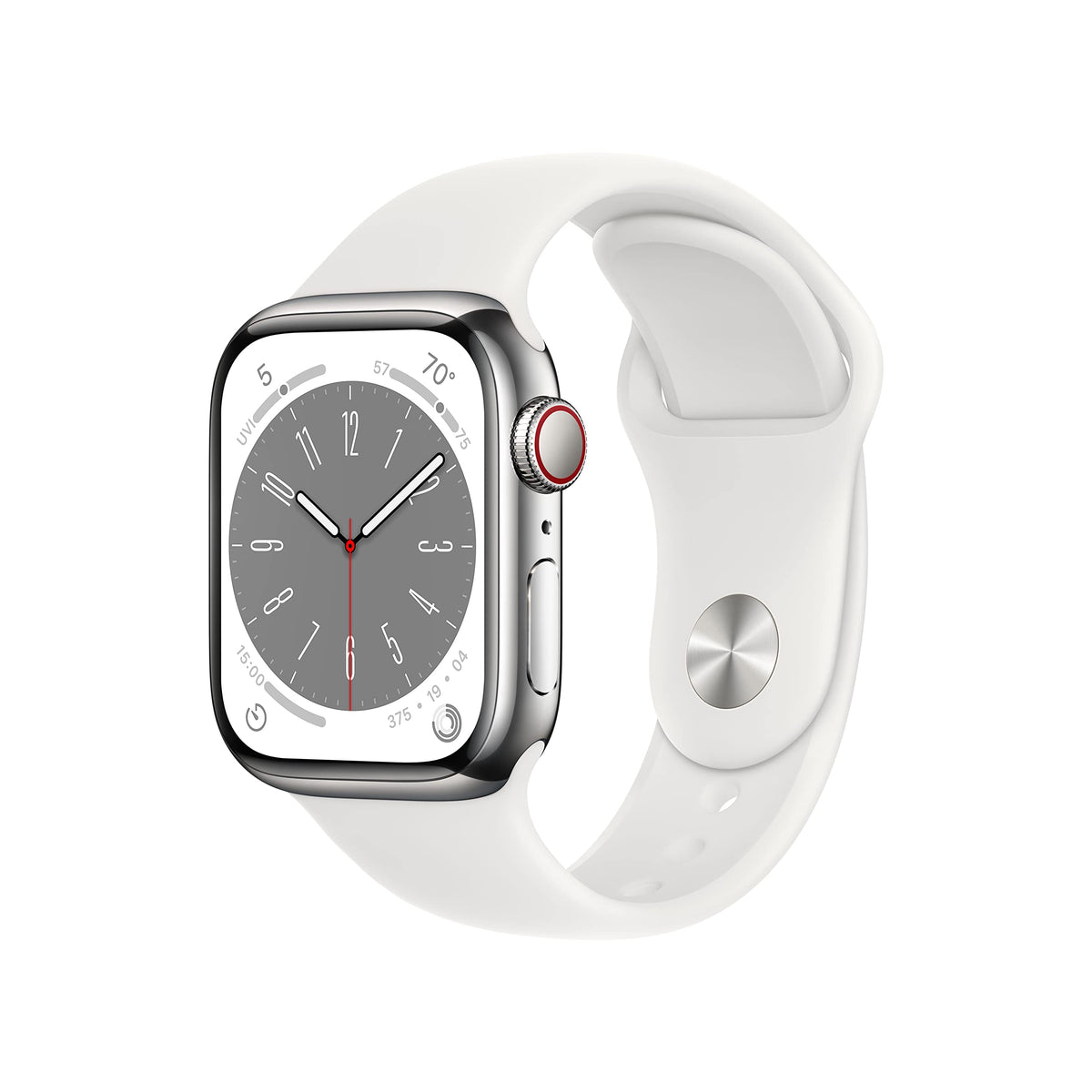Apple Watch Series 8 GPS + Cellular 41mm Silver Stainless Steel Case with White Sport Band - M/L - MNV83LL/A