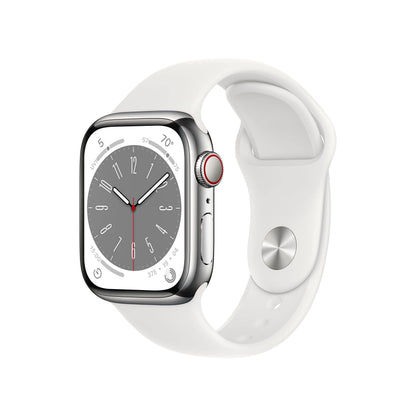 Apple Watch Series 8 GPS + Cellular 41mm Silver Stainless Steel Case with White Sport Band - M/L - MNV83LL/A