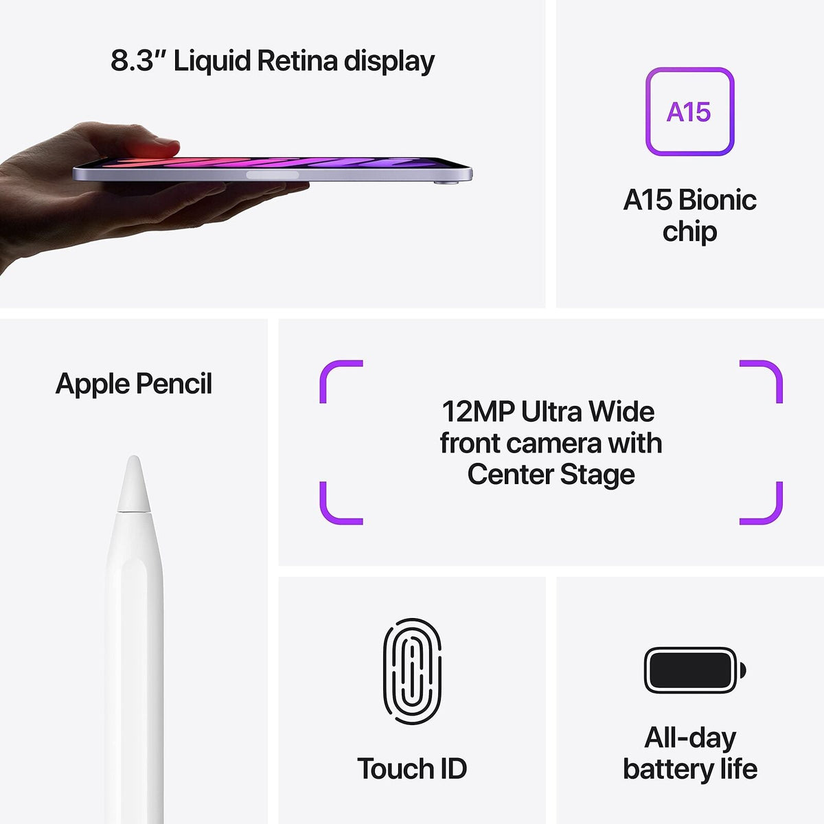 Apple iPad Mini 6th Gen, Wi-Fi - 64GB - Purple - MK7R3LL/A - Image 8