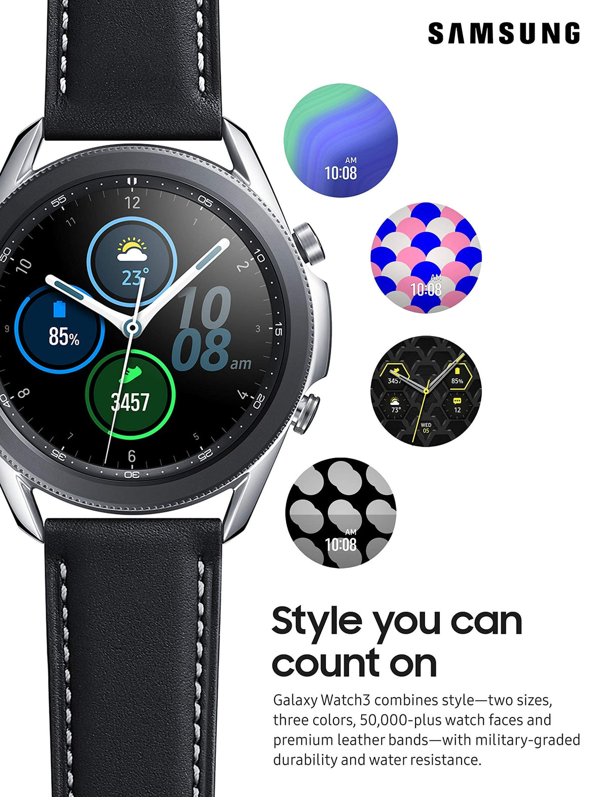 Samsung Galaxy Watch3 SM-R850 41mm Mystic Silver Stainless Steel Case with Black - SM-R850NZSAXAR - Image 3