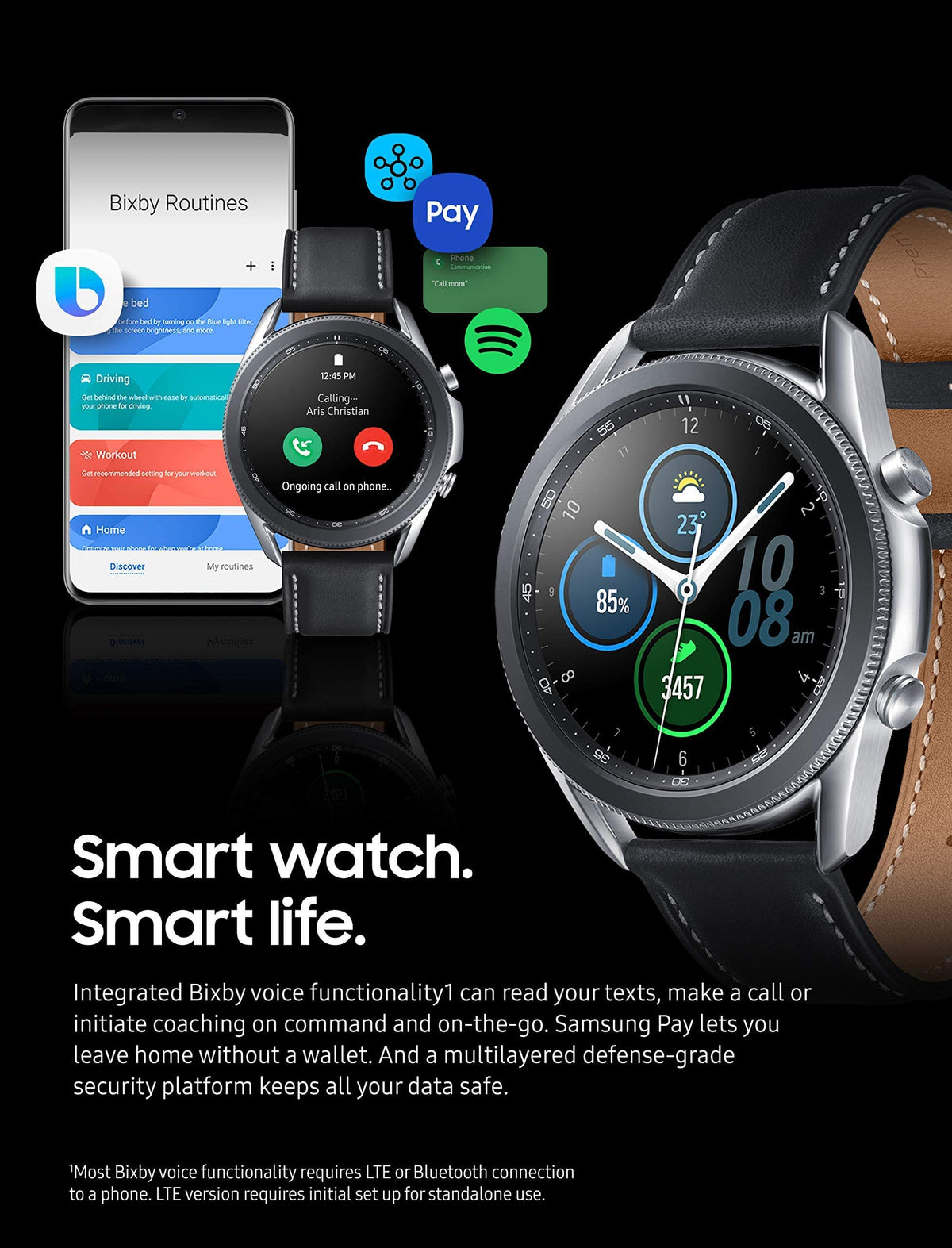 Samsung Galaxy Watch3 SM-R850 41mm Mystic Silver Stainless Steel Case with Black - SM-R850NZSAXAR - Image 8